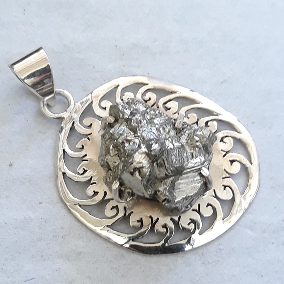 Natural Peruvian Golden Pyrite Silver Pendant - Picture 2 of 4